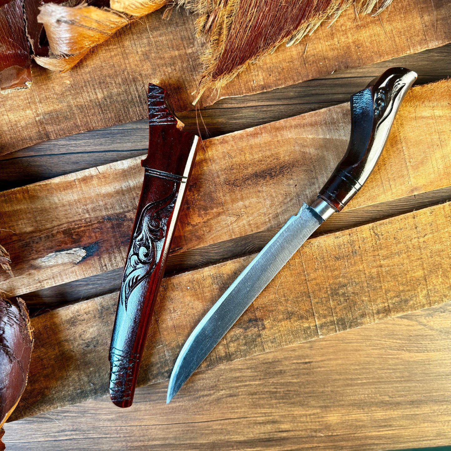 hand-forged Indonesian Laduk knife rasamala handle carved detail complete set