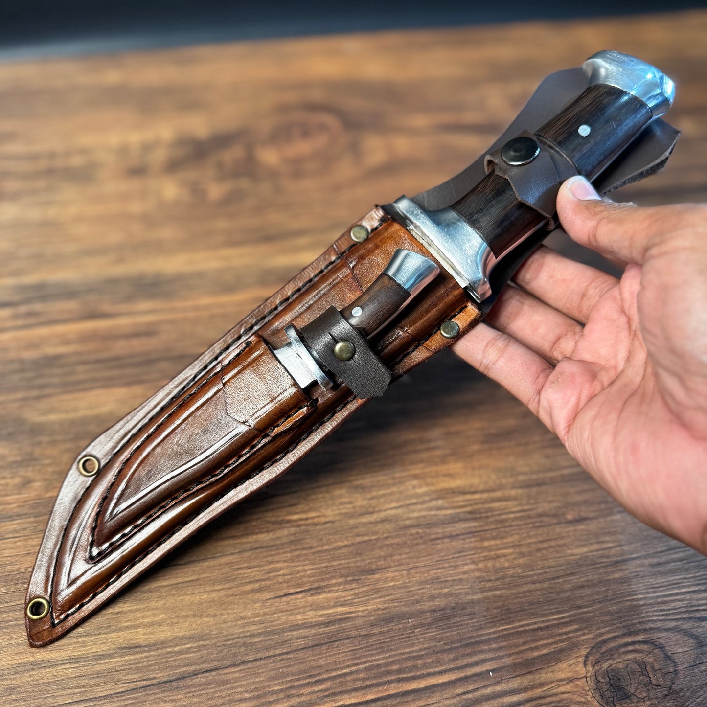 hand forged bowie knife leather sheath 5160 spring steel blade side profile