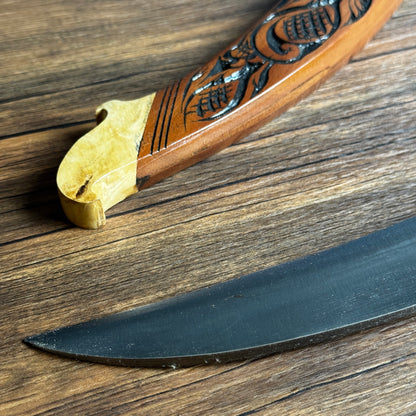hand carved wooden sheath hand forged parang machete batik motif indonesian traditional
