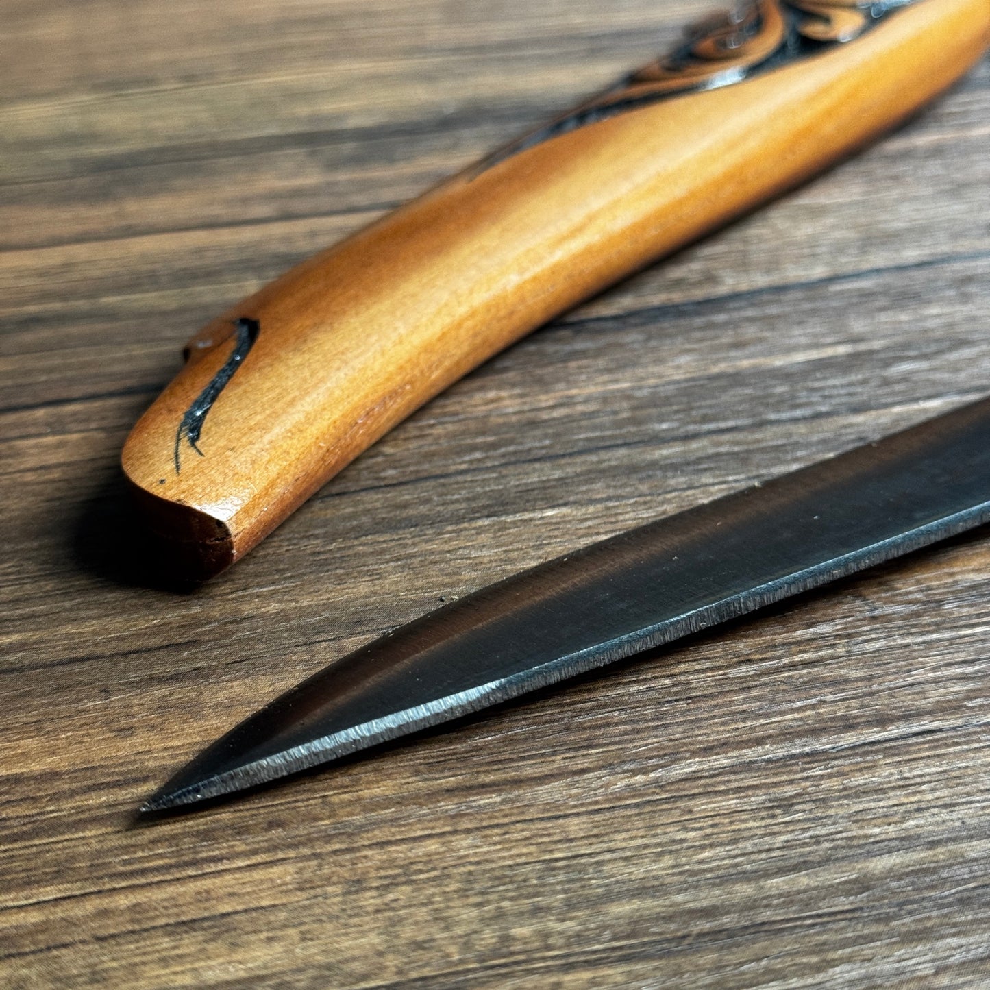 hand-forged Indonesian Laduk knife carved rasamala wood sheath complete set