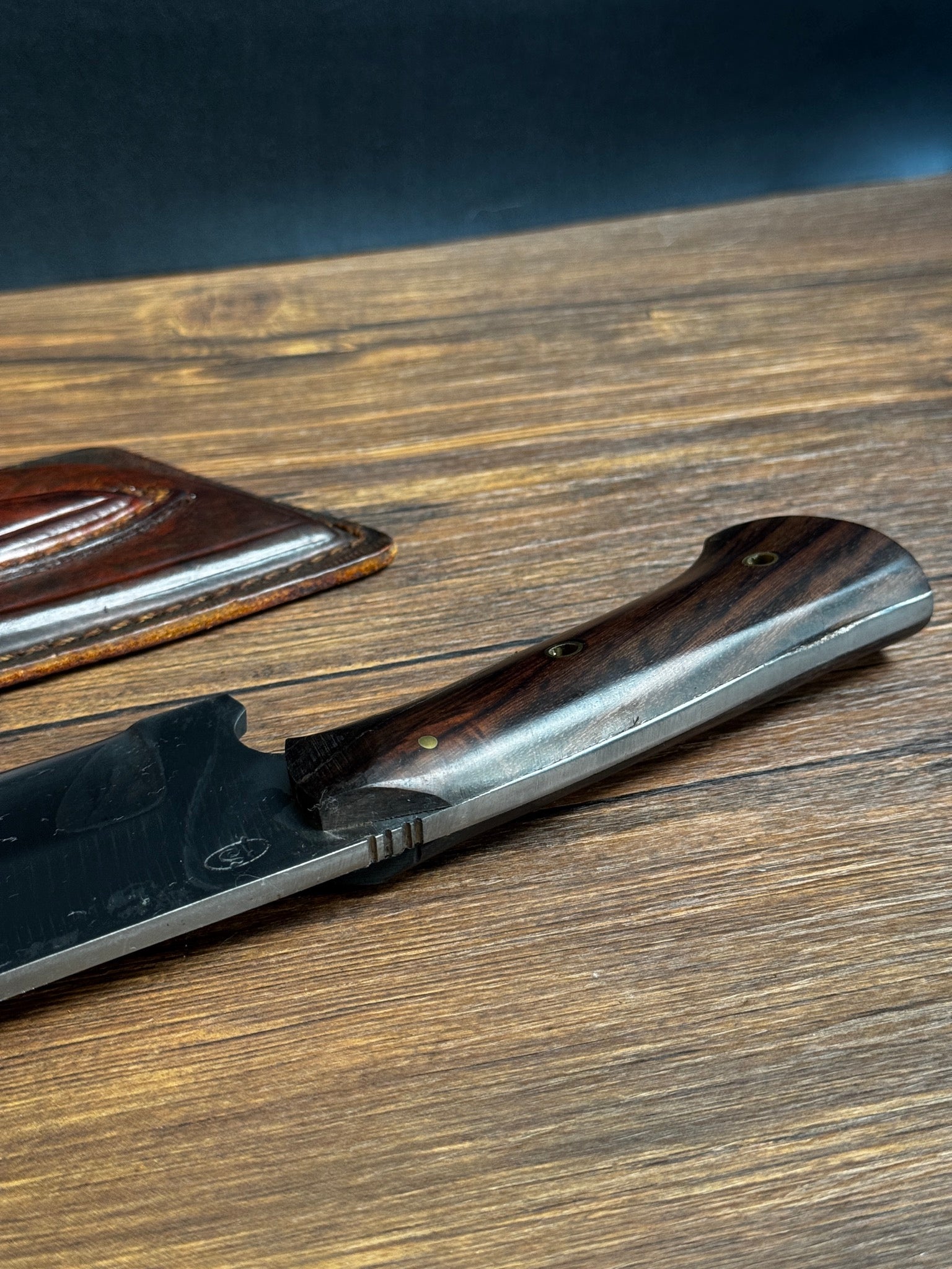 leather sheath hand-forged meat and bone cleaver knife hand stitched durable protection