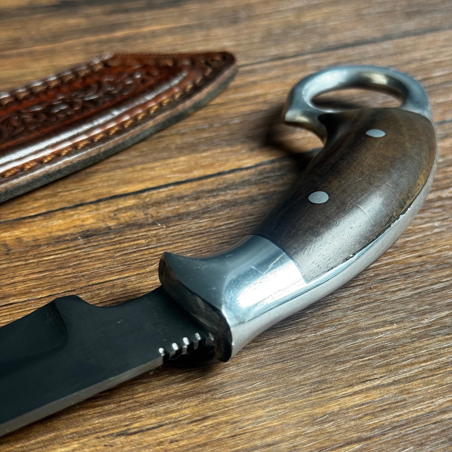 rosewood handle hand-forged skinning knife leather sheath traditional hand carved detail
