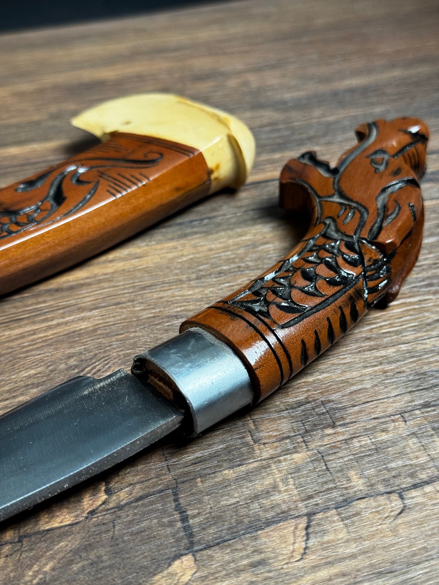 carved mahogany handle parang machete carbon steel traditional hand carved detail