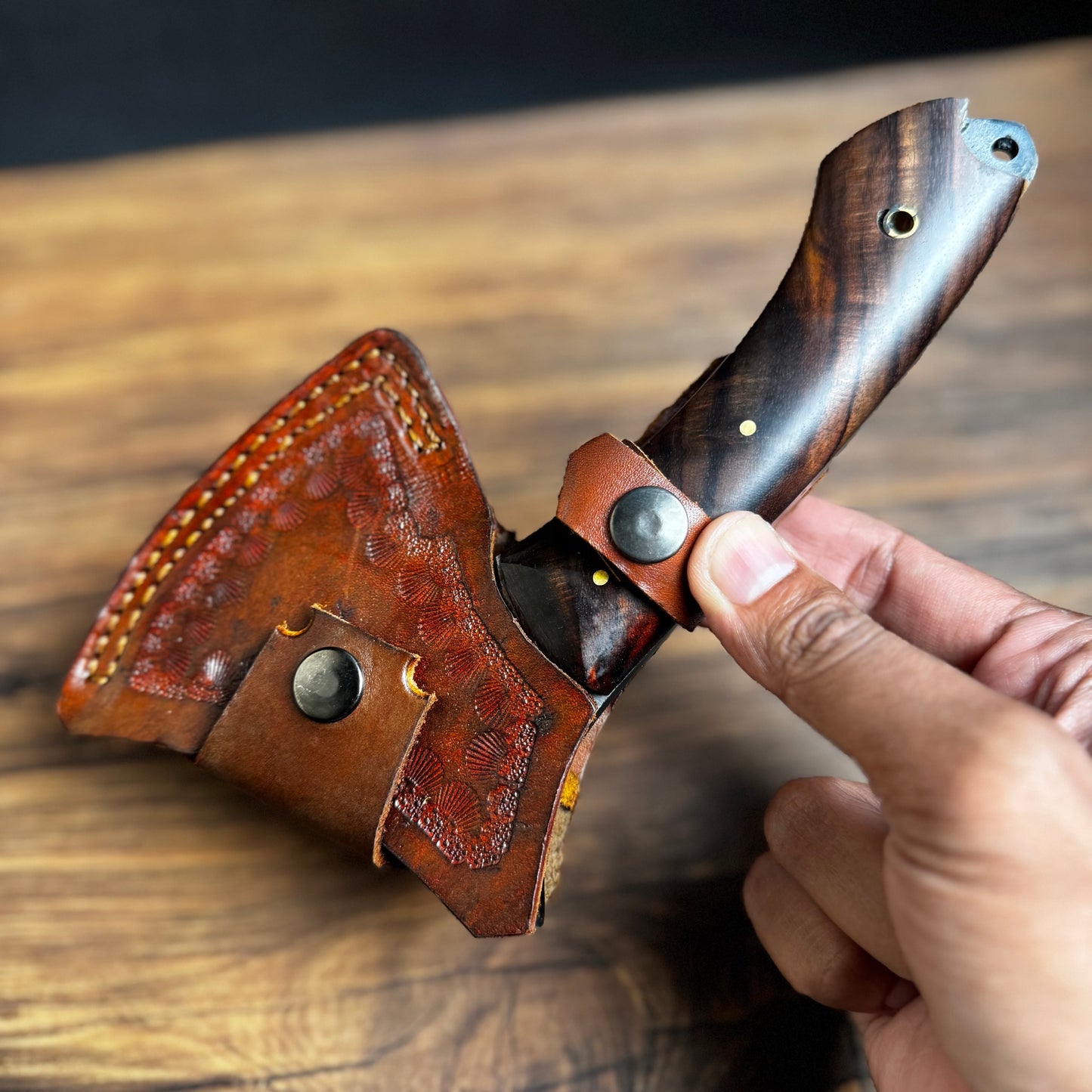 rosewood handle hand-forged hatchet camping bushcraft traditional carved detail view