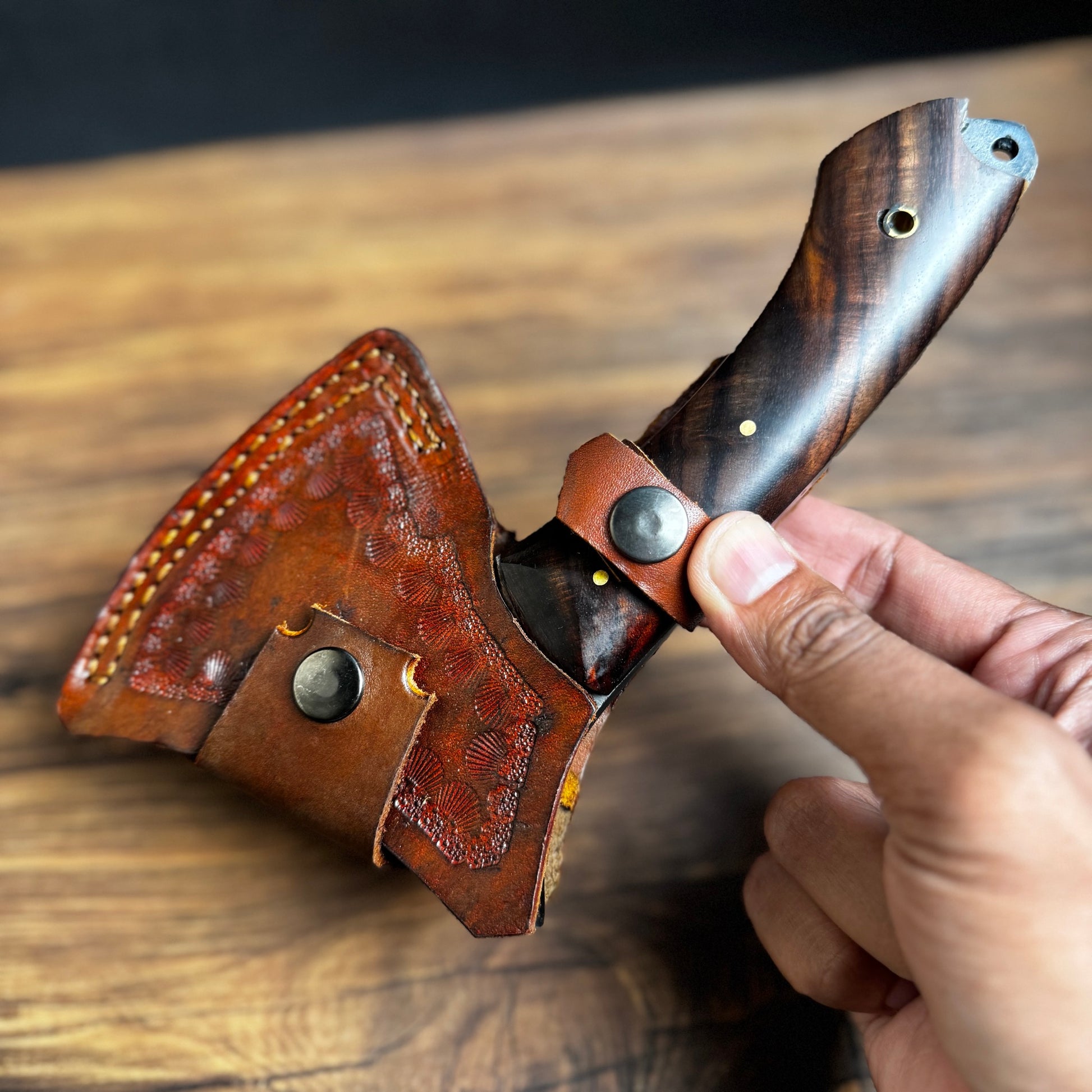 rosewood handle hand-forged hatchet camping bushcraft traditional carved detail view
