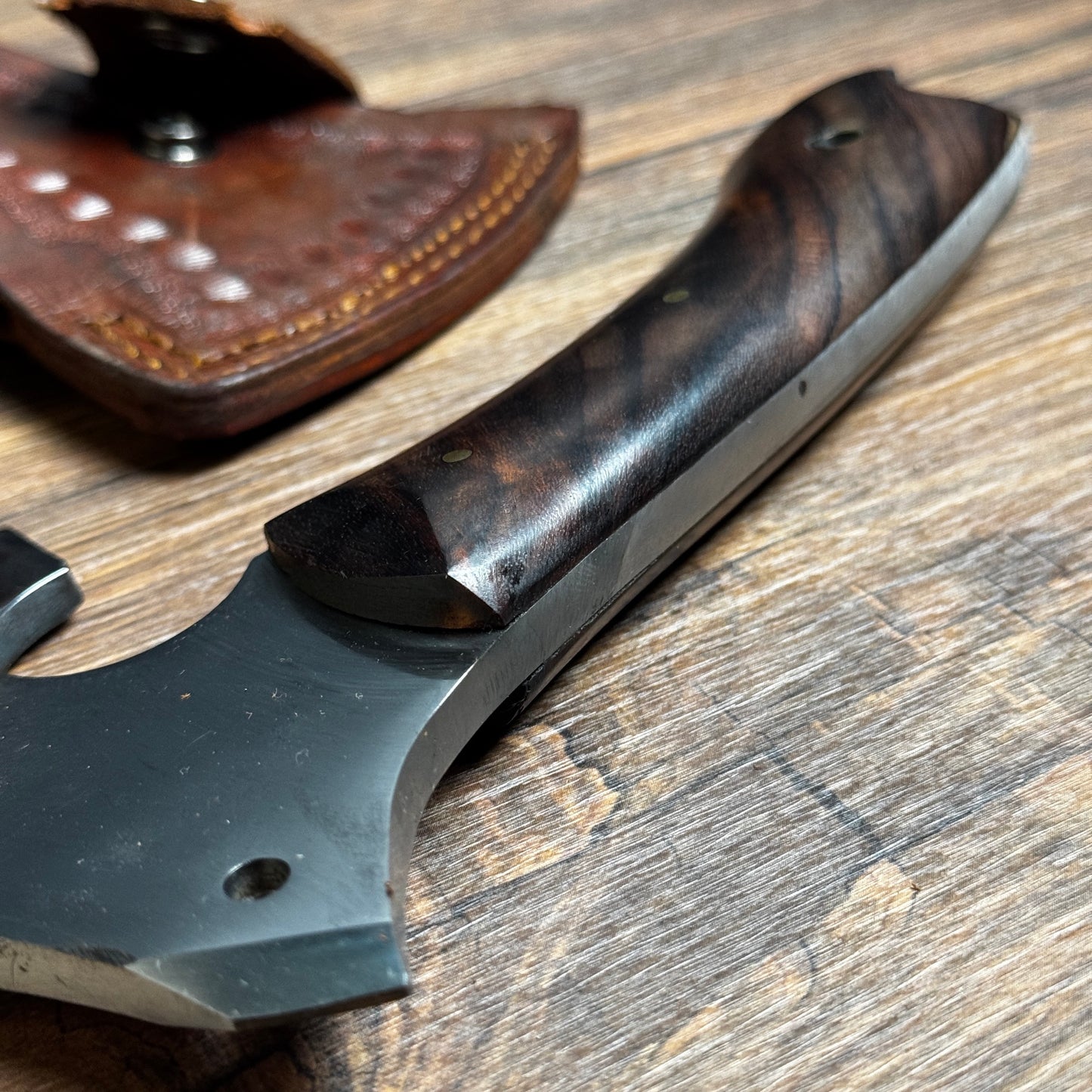 hand-forged hatchet camping bushcraft rosewood handle leather sheath complete set