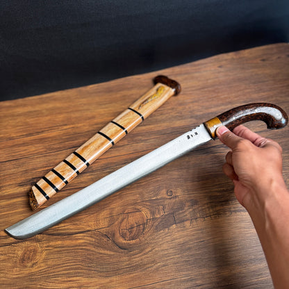 wooden handle hand-forged golok machete traditional hand carved detail view
