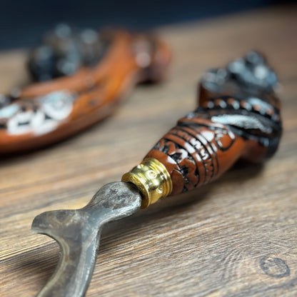 rasamala wood handle hand-forged Indonesian Kujang traditional lion carved detail