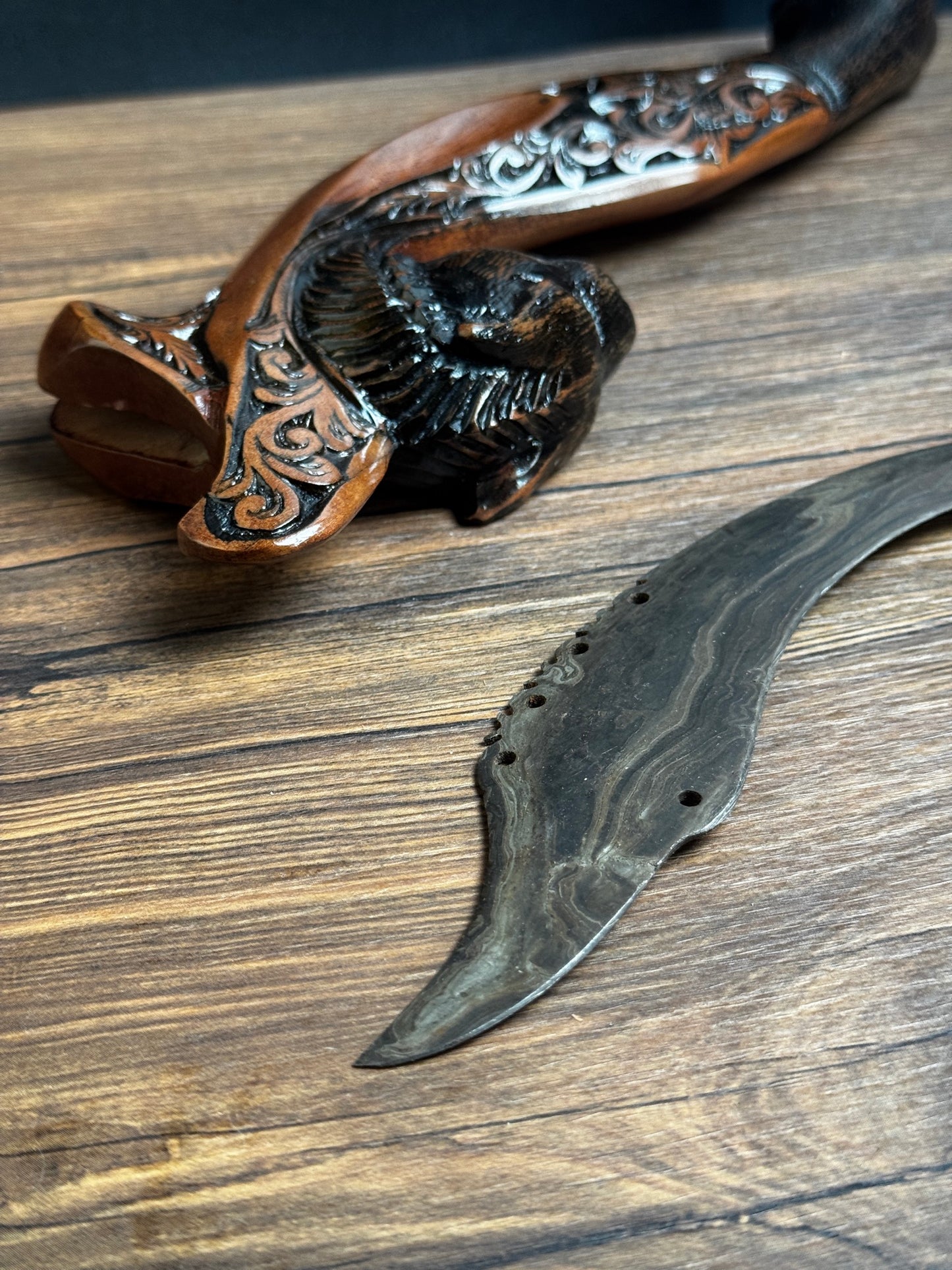 hand carved rasamala wood sheath hand-forged Indonesian Kujang lion pattern motif