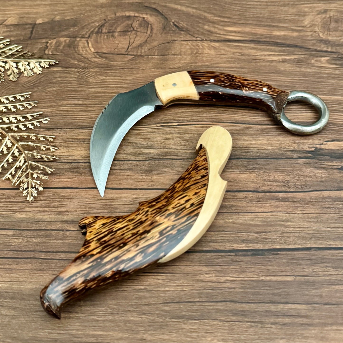 hand carved palm wood sheath hand-forged karambit knife complete set