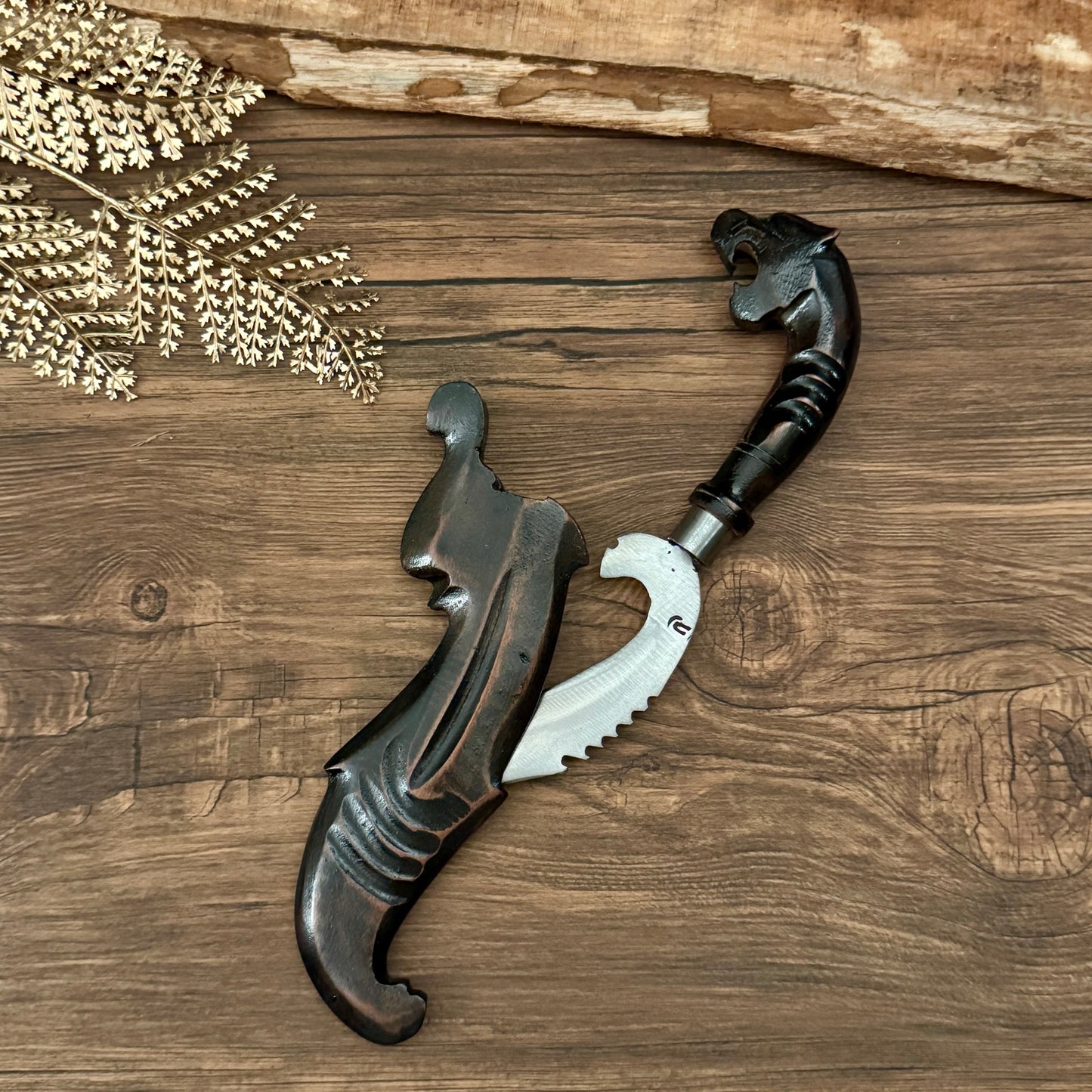 hand-forged Indonesian Kujang carved tiger sheath blade full collector set
