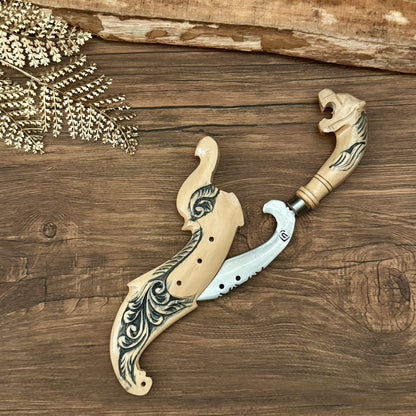 hand-forged Indonesian Kujang carved coffee wood sheath batik pattern complete set
