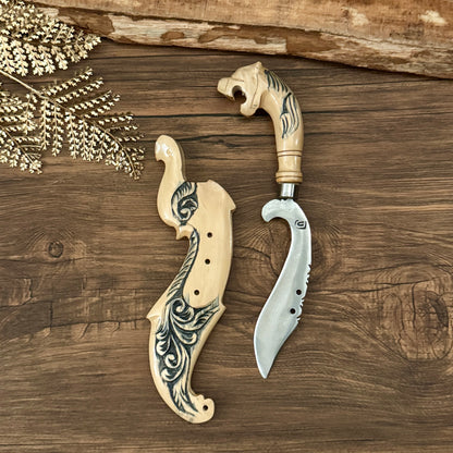 hand carved coffee wood sheath hand-forged Indonesian Kujang batik motif traditional Indonesian
