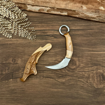 hand-forged karambit spring steel carved teak sheath batik motif complete set