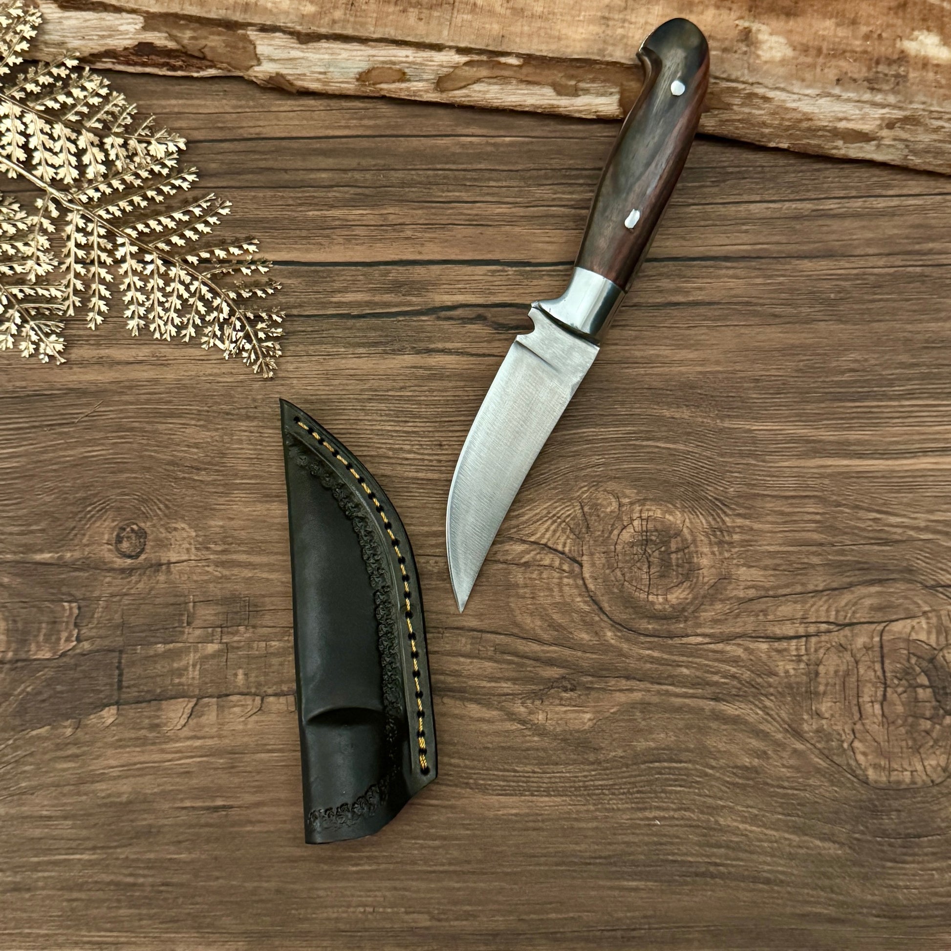hand-forged bushcraft knife rosewood handle leather sheath complete set