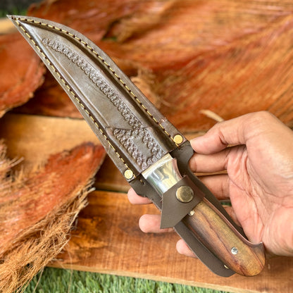 rosewood handle hand-forged skinning knife traditional carved grain detail view