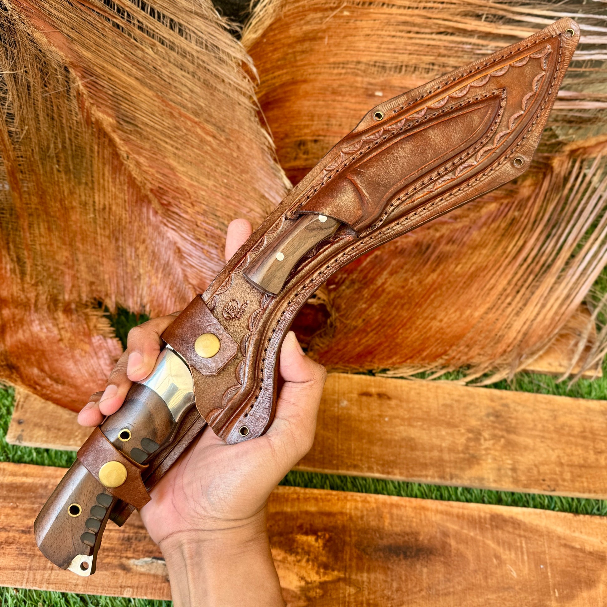 rosewood handle hand-forged kukri machete traditional carved detail view