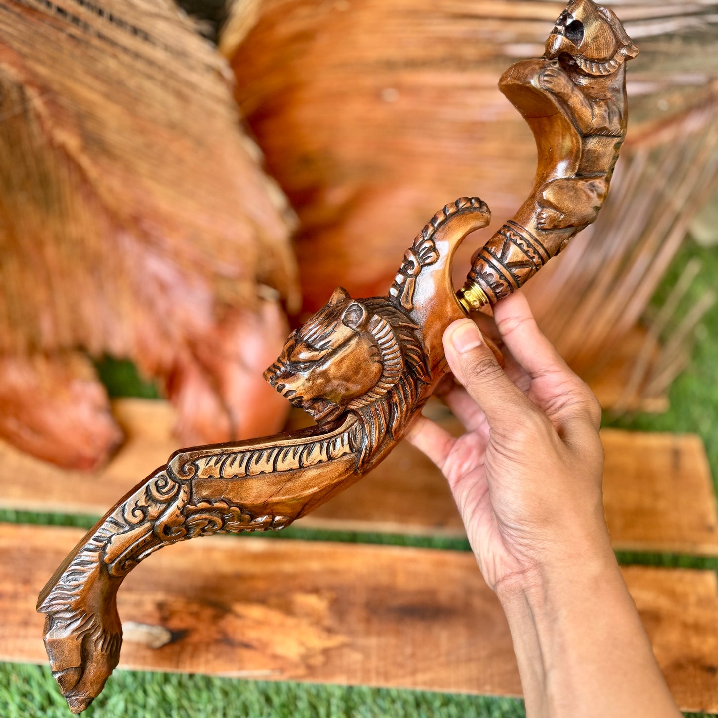 hand-forged Indonesian kujang damascus steel blade side profile view