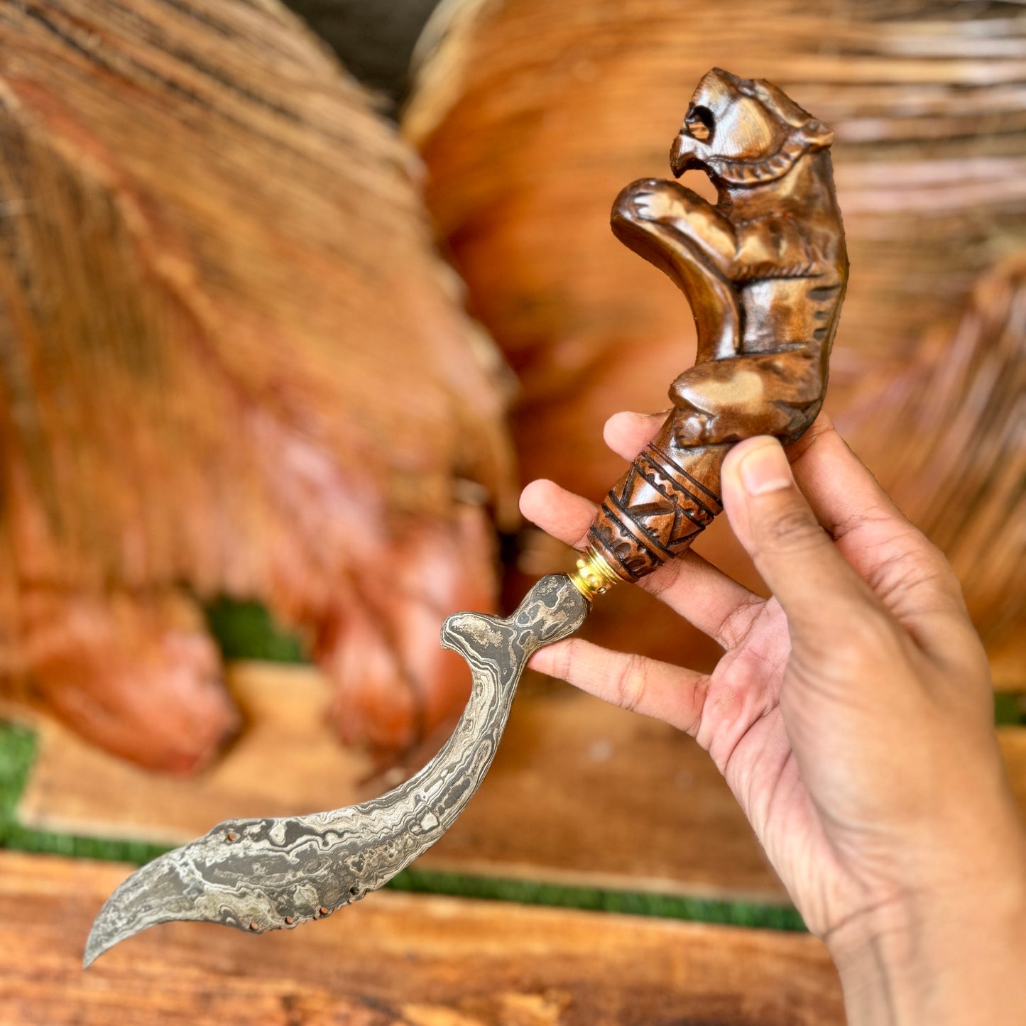 hand carved teak sheath hand-forged Indonesian kujang tiger motif traditional indonesian