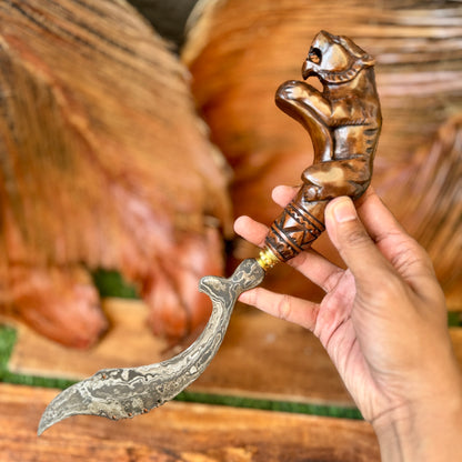 hand carved teak sheath hand-forged Indonesian kujang tiger motif traditional indonesian