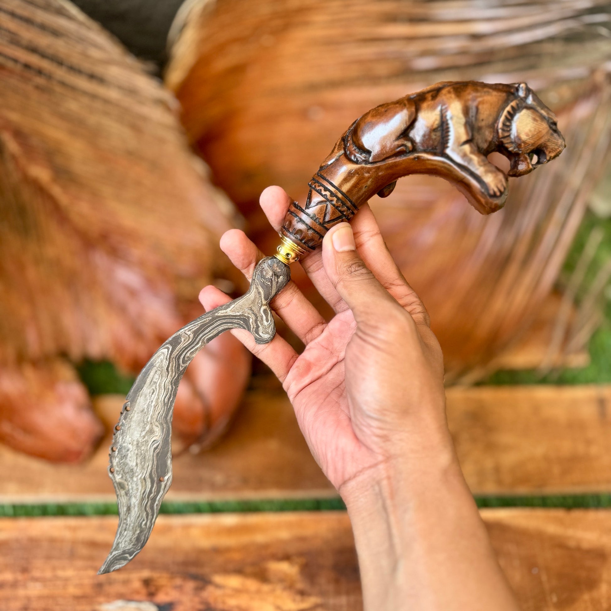hand-forged Indonesian kujang damascus steel carved teak sheath tiger pattern complete set