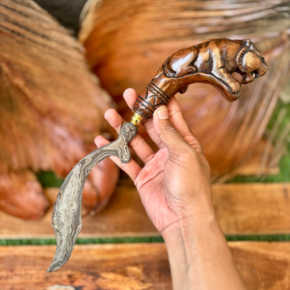 hand-forged Indonesian kujang damascus steel carved teak sheath tiger pattern complete set