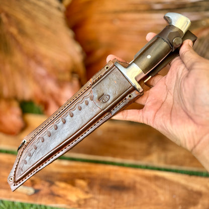 rosewood handle hand-forged 5160 spring steel tactical knife traditional carved detail view