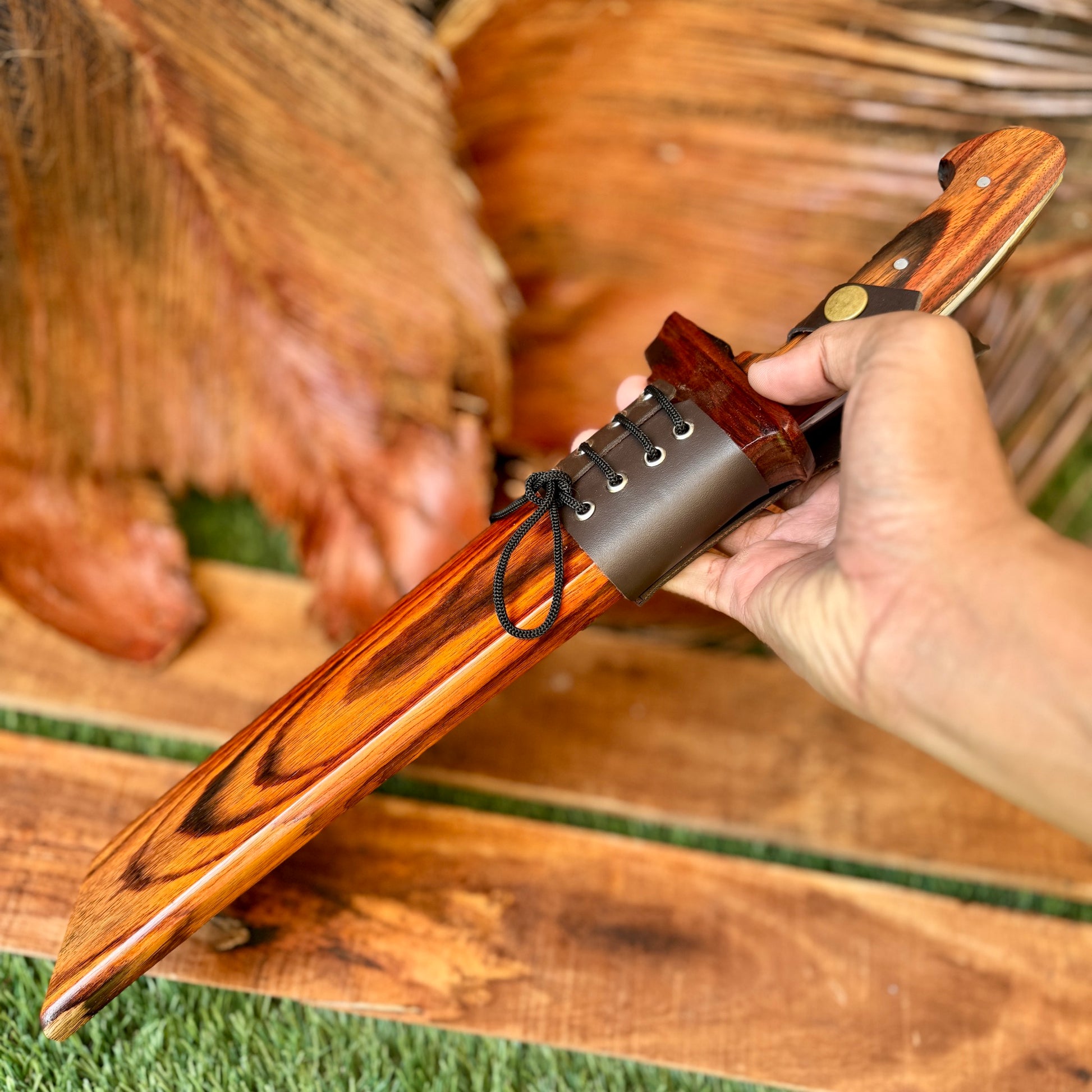 rosewood handle hand-forged golok machete traditional paracord wrap detail