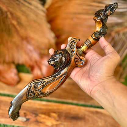 hand-forged Indonesian Kujang Damascus steel blade side profile view