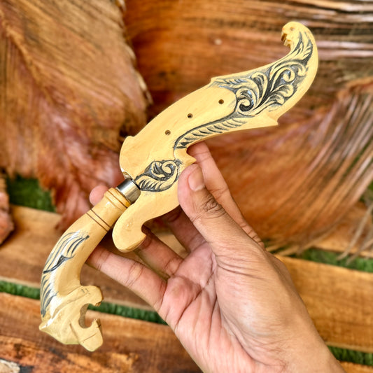 carved coffee wood handle hand-forged Indonesian Kujang traditional detail view