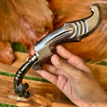 black wood sheath hand-forged Indonesian Kujang tiger pattern carved detail