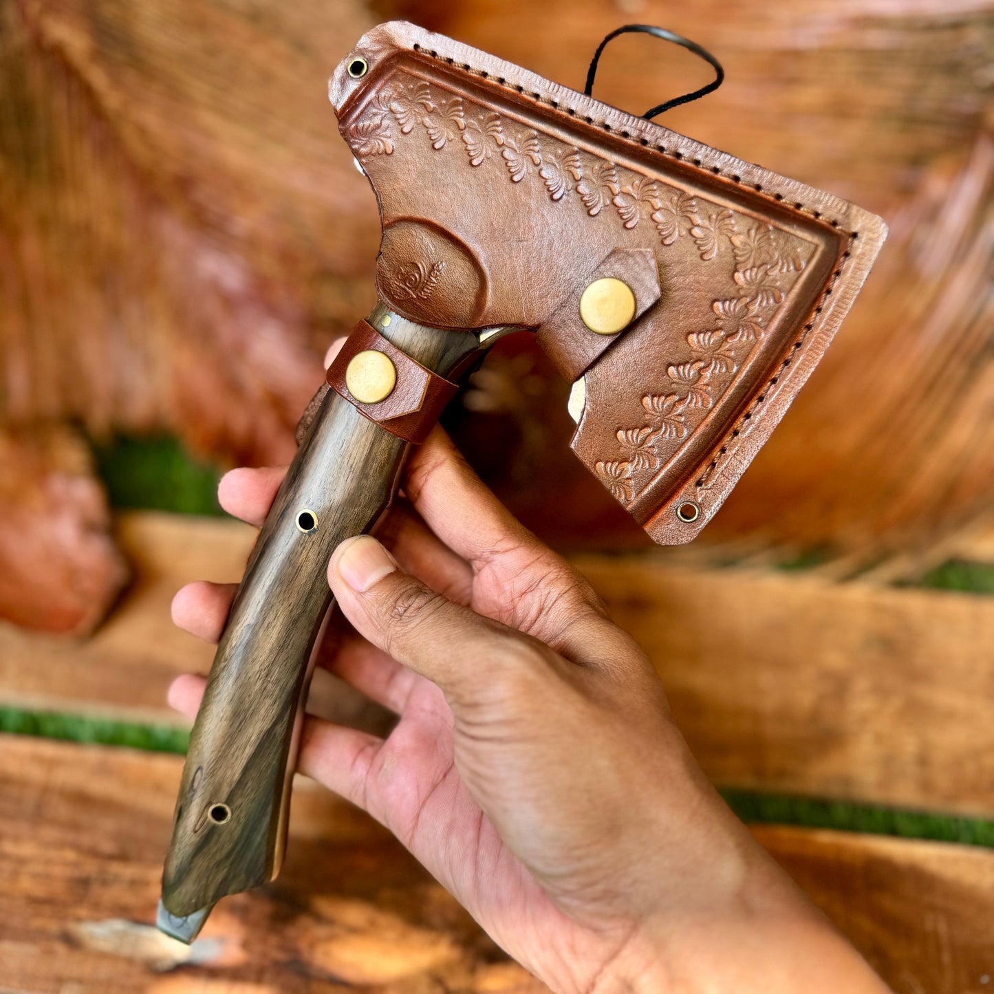 rosewood handle hand forged full tang axe traditional hand carved grain detail