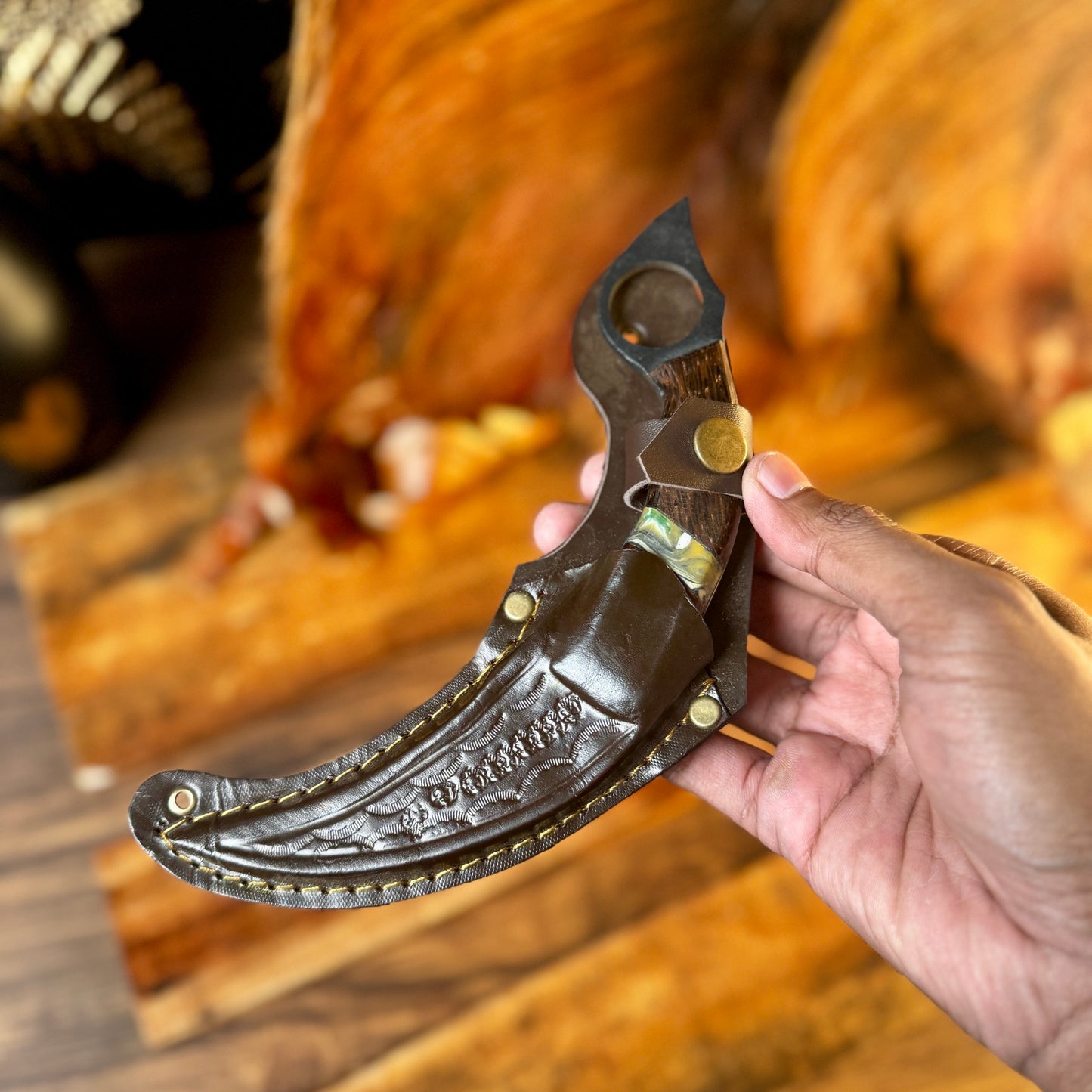 hand-forged karambit with leather sheath high speed steel blade side profile