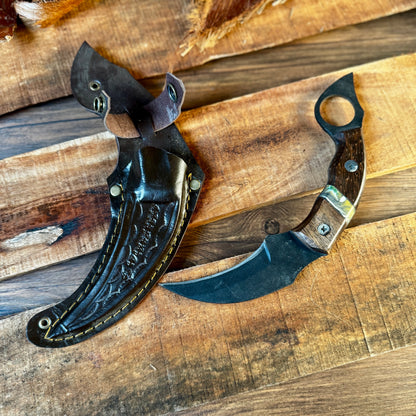 hand-forged karambit with leather sheath full set tactical EDC complete view