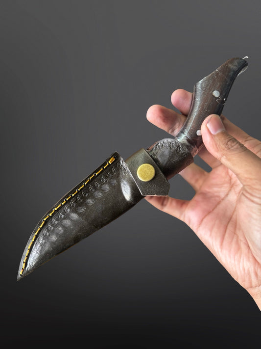 hand-forged skinning knife leather sheath carbon steel blade side profile