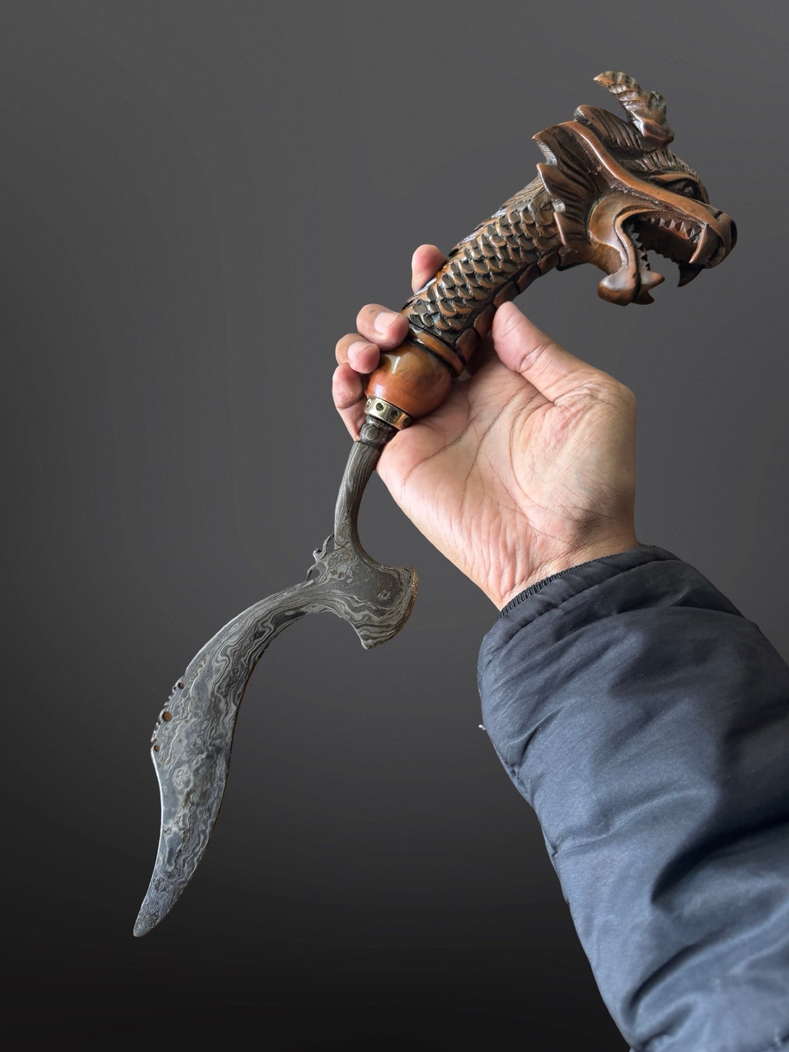 hand carved teak sheath hand-forged Indonesian Kujang dragon motif traditional Indonesian
