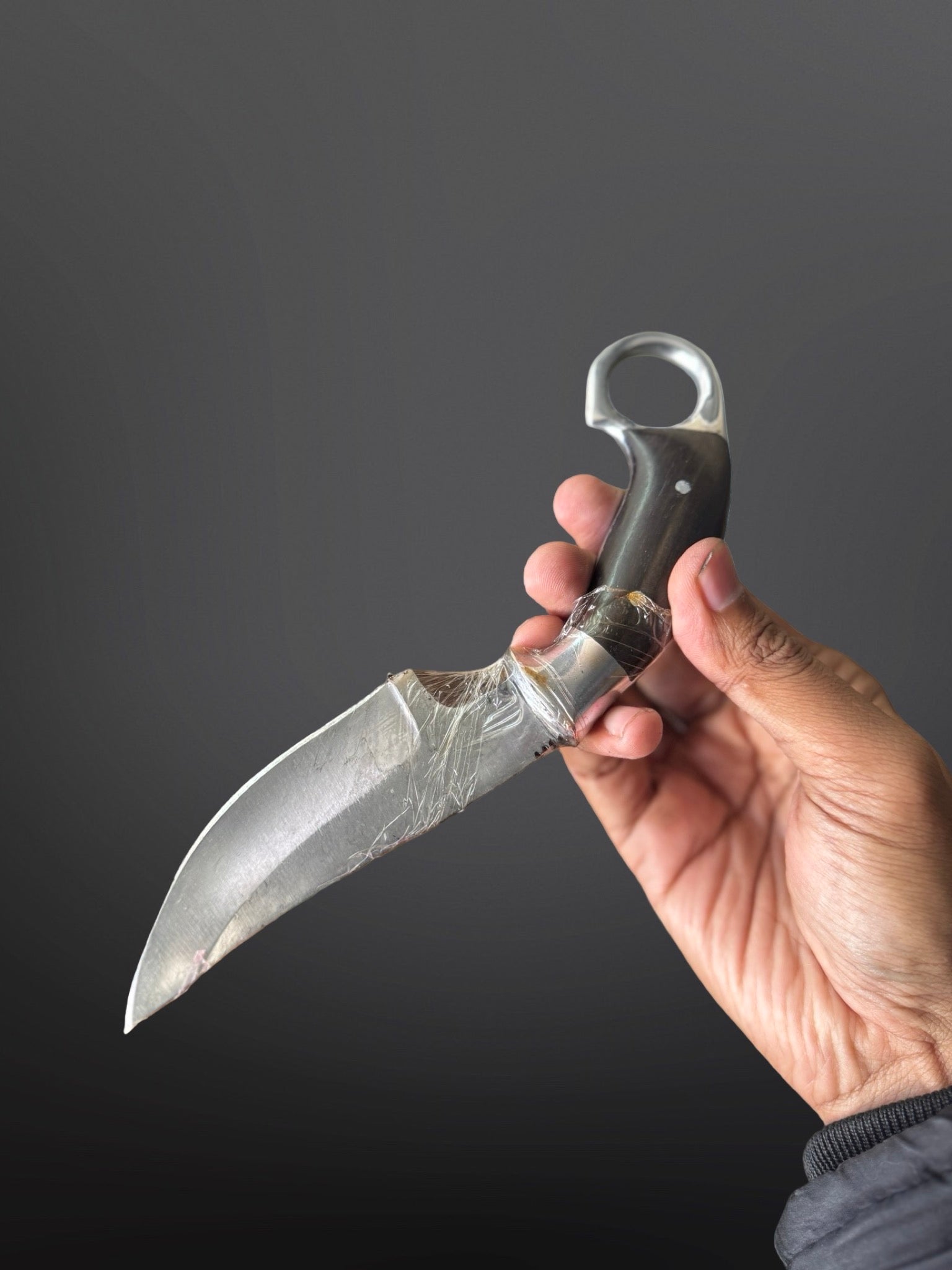 rosewood handle hand-forged skinning knife traditional hand carved detail view